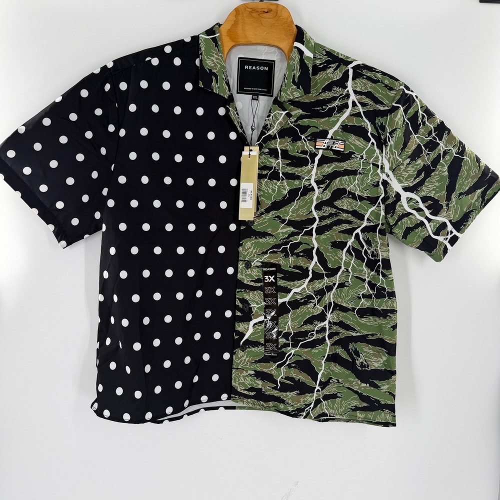Reason Brand Mens 3XL Split Polka Dot Tiger Camo Lightning Bolt Button Up Shirt